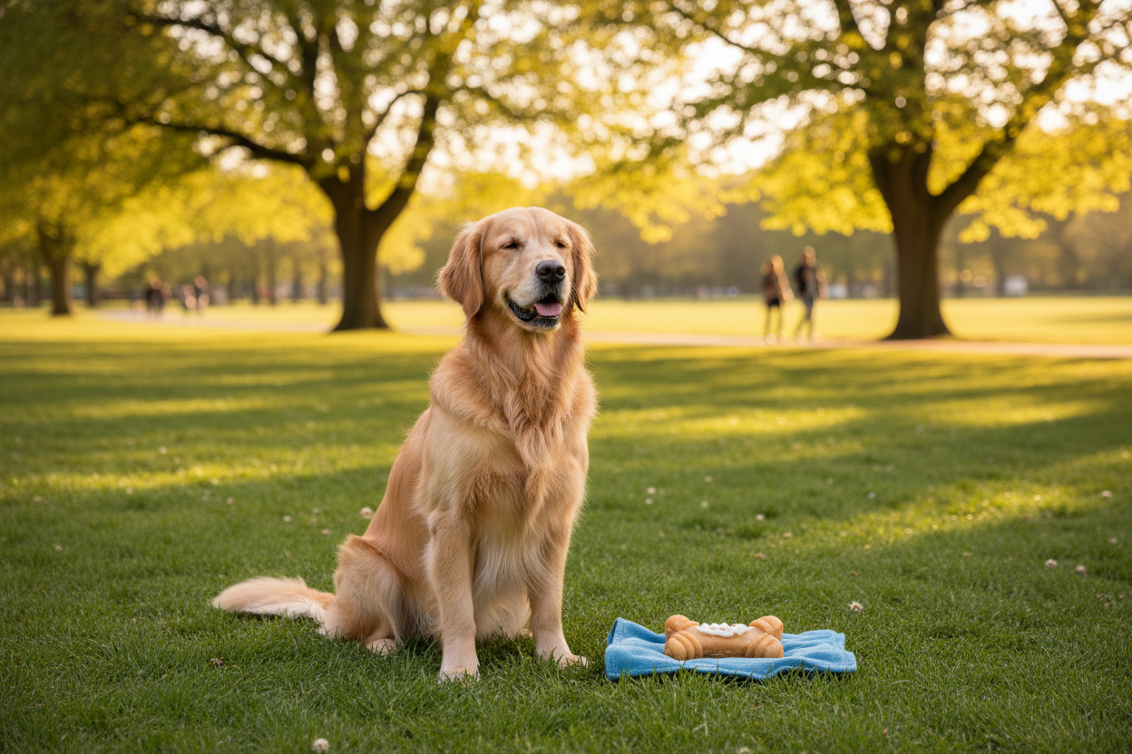 A dog on a park sitting next to each other with the calming shew for dogs